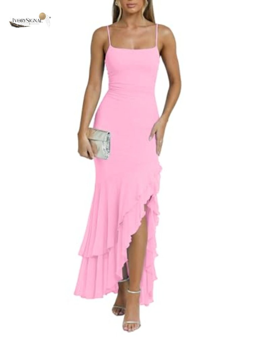Women's Ruffle Hem Formal Maxi Dress Sleeveless Backless Mesh